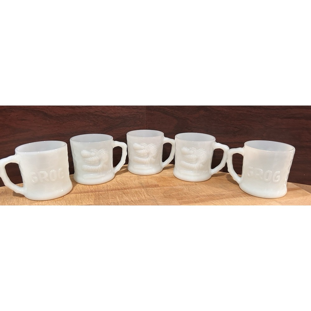 5 Vtg BC Comic GROG Caveman Milk Glass Mugs Coffee Cups Johnny Hart Fire King